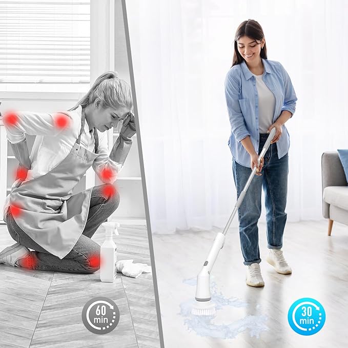 Electric Spin Scrubber, Cordless Cleaning Brush with 6 Replaceable Brush Heads, Adjustable Extension Handle, Power Cleaning Brush for Bathroom, Kitchen, Car, Tile, Wall, Tub and Floor (White)