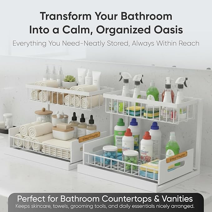 Under Sink Organizer 2-Pack, Metal Under Sink Organizer for Kitchen & Bathroom, Multi-Use Under Sink Storage Rack for Cleaning Supplies and Bathroom Essentials (White)