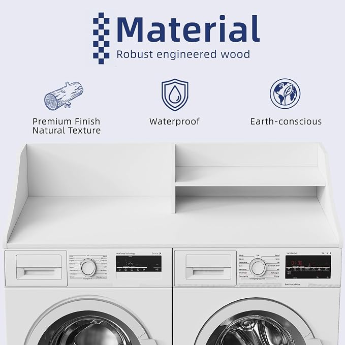 Memobarco 2 Tiers Washer Dryer Countertop, 54" Width x 27.5" Depth Laundry Countertop Organization, Wooden Washer and Dryer Topper for Folding, Sorting & Ironing, Easy to Install, White
