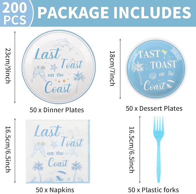 200PCS Last Toast on the Coast Party Supplies Serve 50,Coastal Bachelorette Party Paper Plates,Napkins,And Forks Kit for Birthday,Summer, Bachelorette Parties Decorations