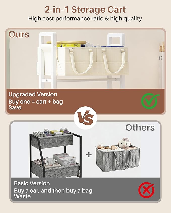 2In1 Baby Diaper Caddy Organizer Cart- Rolling Diaper Cart with Detachable Dividers-Baby Essentials Nursery Storage, for Crib, Bedroom,Kitchen, Bathroom(Off White)