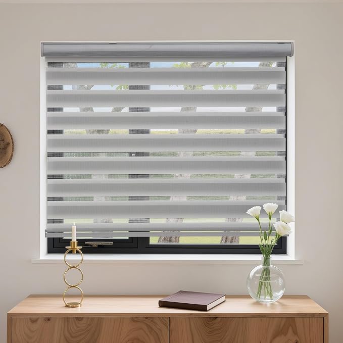 MYshade Cordless Zebra Blinds with Free-Stop Function - Dual Layer Light Filtering & Privacy Sheer Shades for Day and Night - Easy Install Window Shades for Home, Living Room, 28" W x 64" H,Grey