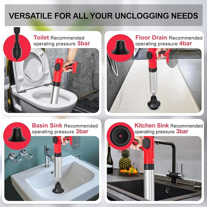 Rozlchar Cordless Electric Toilet Plunger Compatible for Milwaukee 18V Battery (No Battery),High Pressure Drain Unclogger with 3 Interchangeable Heads for Sinks, Washbasin, Toilets