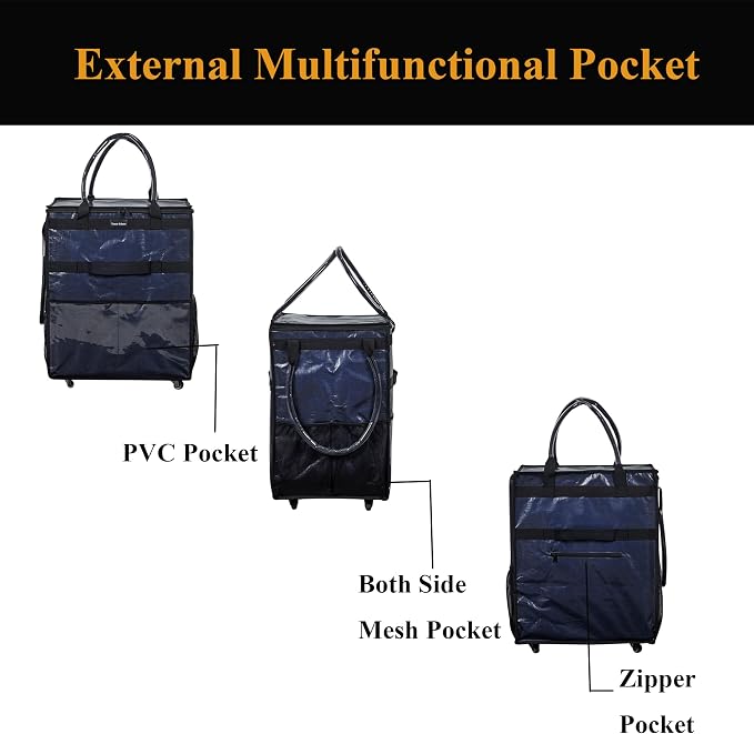 Reusable Grocery Bag On Wheels Large Capacity Shopping Trolley Foldable Rolling Tote with Outside Pocket, Heavy Duty Handle (Blue, Medium)