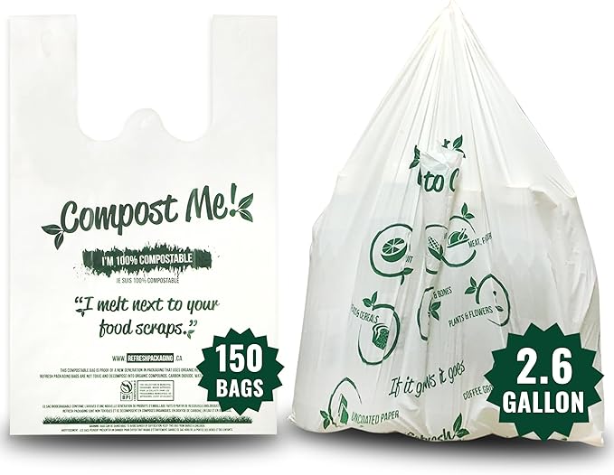 Compost Bags - 100% Certified Kitchen Garbage Bag for Shopping & Grocery - Green Bin Bags with Handles - 30 Pack