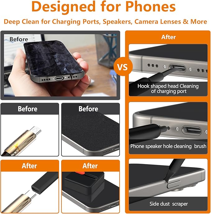 Cell Phone Cleaning Kit, iPhone Cleaning Kit for Charging Port Cleaner Keyboard Cleaning Kit for Airpods/Android/USB C/Earbuds/Laptop/iPad/Camera Lens with Stylus Pen (Black Brush Refill)