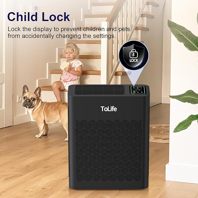 ToLife Air Purifiers for Home Large Room Up to 1295 Ft² with PM 2.5 Display Air Quality Sensor, Auto Mode, Timer, Air Purifier for Bedroom Filters Smoke, Pollen, Pet Dander, Allergies, Black