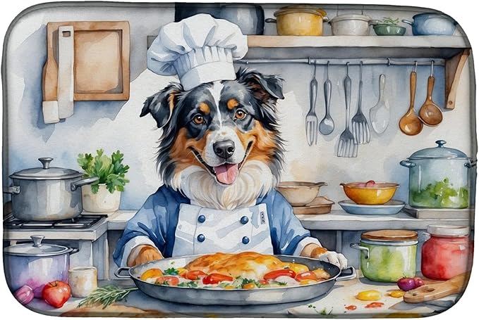 Caroline's Treasures DAC6193DDM Australian Shepherd The Chef Dish Drying Mat Absorbent Dish Drying Mat Pad for Kitchen Counter Dish Drainer Mat for Countertop, 14 x 21", Multicolor