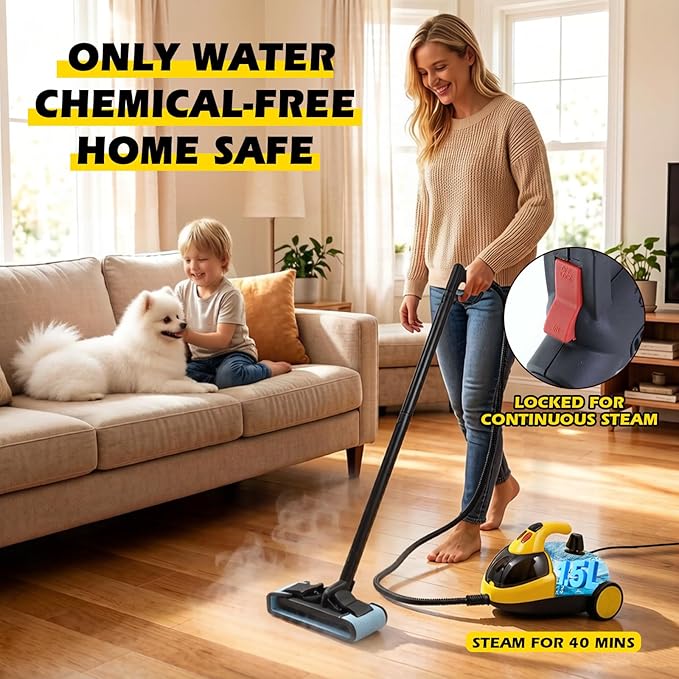 1500W Steam Cleaner 36-Piece All-in-One Attachments Kit, 99% Sanitization, 22ft Reach, 360° Rotating Brush for Home/Car/Tile/Grout/Wallpaper Removal, Chemical-Free Cleaning (36 in 1)