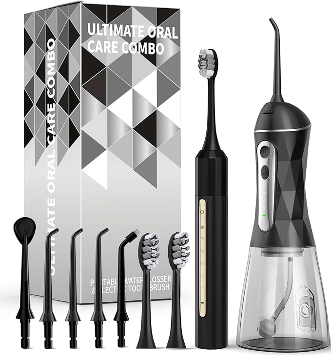 Water Flosser and Electric Toothbrush Combo,2-1 Oral Clean Kit, 5-Speed Sonic Electric Toothbrush & 4-Speed Portable Water Flosser to Clean Teeth and Protect Gum Health, IPX7 (Black-Set)