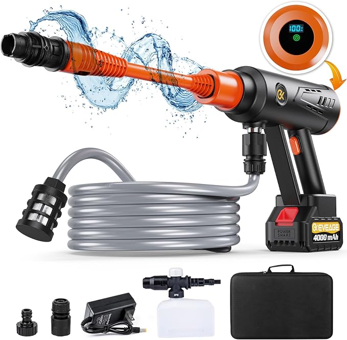 EVEAGE Cordless Power Pressure Washer 1000PSI, 2.5GPM Adjustment Portable Power Cleaner, Rechargeable Battery Powered Handheld High-Pressure Washer Gun for Car, Home Floor Cleaning