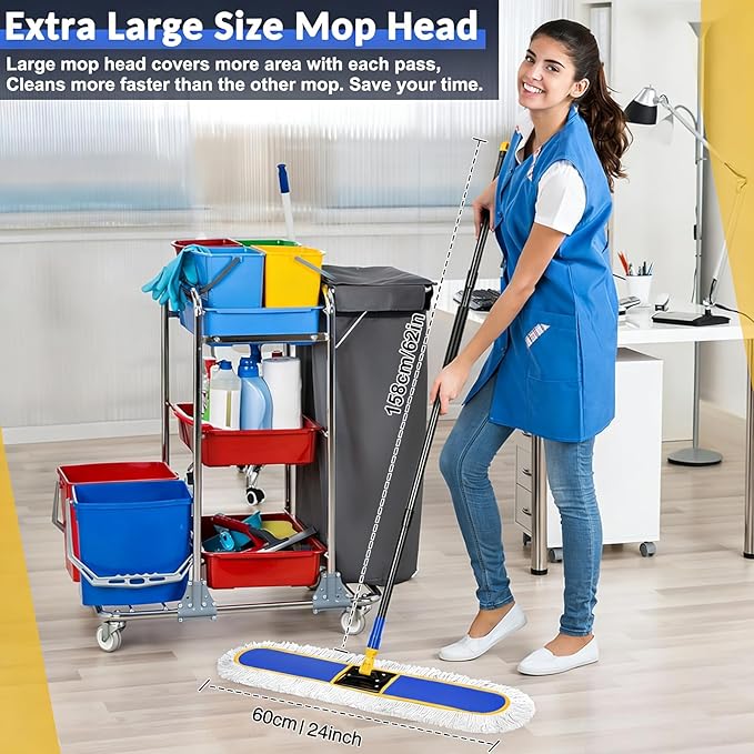 CLDREAM 24" Commercial Dust Mop for Floor Cleaning, Large Industrial Dust Broom Mop with 2 Cotton Reusable Mops Head,Heavy Duty 60" Long Handle Wet Dry Mops for Hardwood