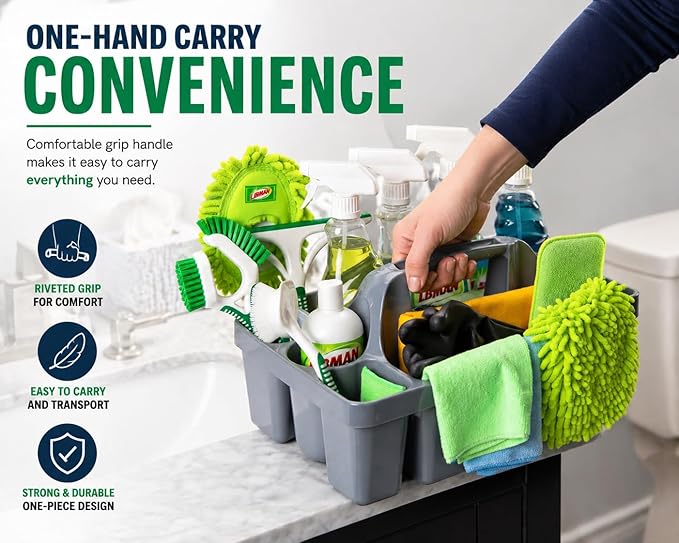 Libman Maid Caddy Cleaning Organizer, Heavy-Duty Janitorial Carry Caddy with Bottle Holders, Toilet Brush Holder & Tool Compartments, Commercial Cleaning Supply Tote