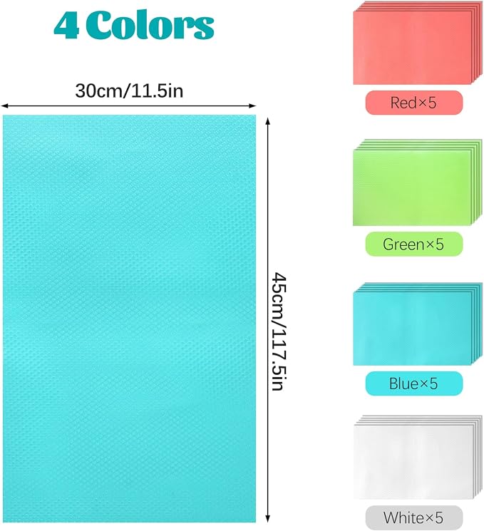 20PC Refrigerator Liners, Waterproof Oilproof Fridge Liner and Mats Washable Drawer Liners for Kitchen Cabinets, Cover Pads for Freezer Glass Shelf Cabinet Liners for Shelves(4 Color)