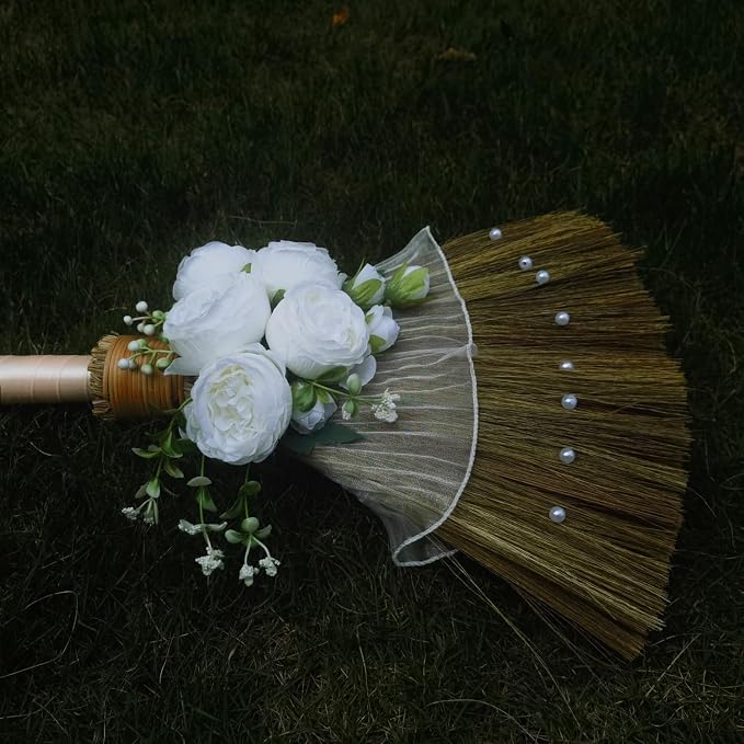 Wedding Brooms DIY, Bride & Bridegroom Jump Broom, Whisk Wedding Broom with Ribbons, Simulated Roses and Pearls, Lace Cloth