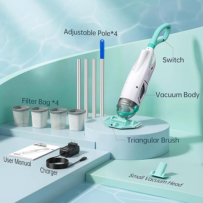 Cordless Handheld Pool Vacuum 18.5 GPM, Above Ground Pool Vacuum Cleaner with 60 Mins Runtime & 6ft Telescopic Pole, 45W Strong Suction Hot Tub Vacuum for Pools, Spas, Steps, Sand, Leaves