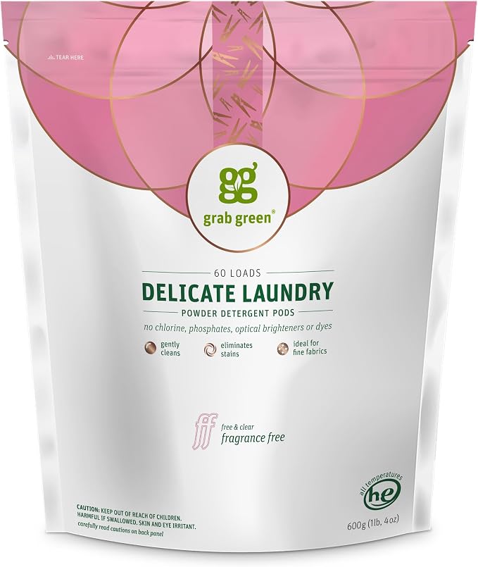 Grab Green Delicate Laundry Detergent Pods, 60 Count, Fragrance Free | Plant & Mineral-Based; For Delicate Loads; Enzyme-Powered; Velcro Closure; Laundry Brightener; Stain Remover