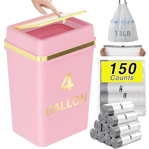 Bathroom Trash Can with Lid 4 Gallon Pink Trash Can with Press Top Lid Bedroom Trash Can Small Garbage Can with 150 Counts Trash Bags for Small Bathroom Bedroom Office