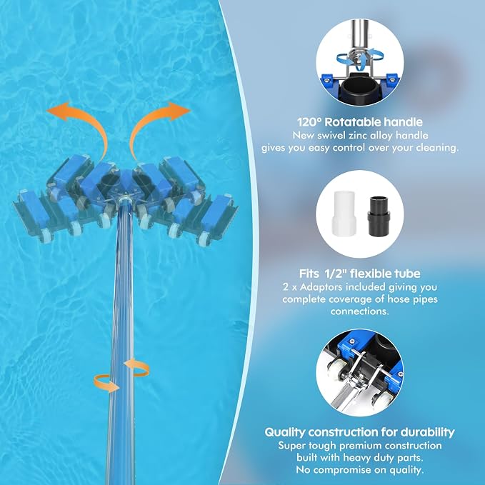 Pool Vacuum Head, Manual Pool Vacuum for Inground and Above Ground Pools Flexible Swivel Pool Head with Integrated Bottom Brush Swimming Pool Head for Absorb - 19 Inch Brush