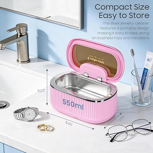 Ultrasonic Jewelry Cleaner Machine with 2×100ml Cleaning Solution, 45kHz Sonic Cleaner for Rings, Glasses & Watch Band, 550ML Stainless Steel Tank, 5 Timer, 3 Power Levels, Degas Mode-Pink