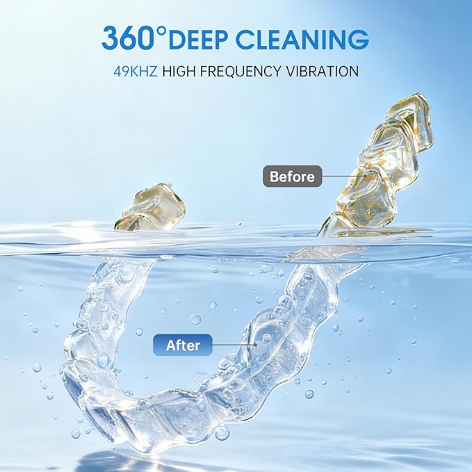 Ultrasonic Retainer Cleaner Machine with UV Light, 49kHz Dental Pod Cleaner with Digital Timer, 340ML Stainless Steel Tank for Retainer, Aligners, Dentures, Mouth Guards, Night Guards & Jewelry, White