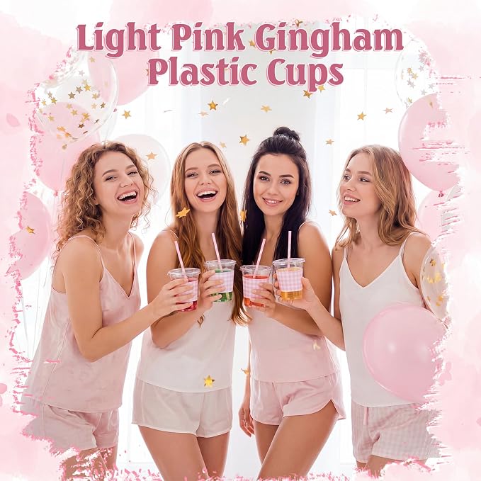 Domensi 25 Sets Pink and White Gingham Plastic Cups with Lids and Paper Straws 12oz Checkered Disposable Drinking Cups Bulk for Cold Drinks Baby Shower Wedding Birthday Summer Party Supplies
