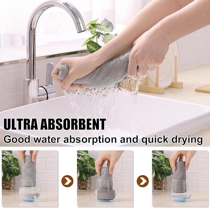 Homaxy 24 Pack Kitchen Dish Cloths (10 x 10 Inches, Grey), Super Soft and Absorbent Coral Velvet Dish Towels, Nonstick Oil Fast Drying Microfiber Cleaning Cloth, No Lint Household Dishcloths