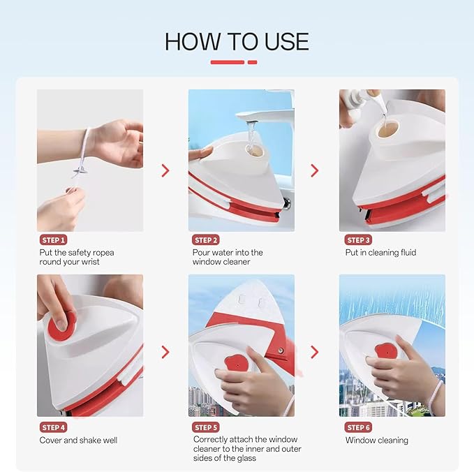 Magnetic Glass Cleaner Tools - Double sided Windows Glass Cleaner Wiper for (8-15mm) Single Layer Thick Glass with Water Storage Room Windshield Cleaner Tool for High-rise (Red)