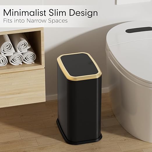 Bathroom Trash Can with Lid 8L/2.1 Gallon Black Trash Can Small Garbage Can with Press Top Lid Slim Stainless Steel Garbage Can with 100 Counts Trash Bags for Bathroom Bedroom Kitchen Office Toilet
