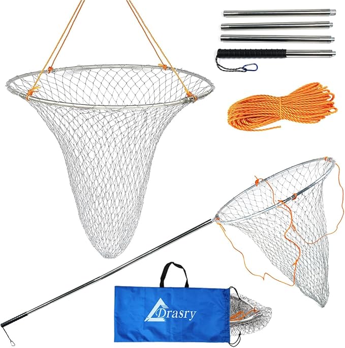 Drasry Large Collapsible Bridge Pier Fishing Net Landing Net with Rod, High Load Aluminum Ring Drop Net for Saltwater and Freshwater Pier Fishing Basket with 49.2 ft. Rope