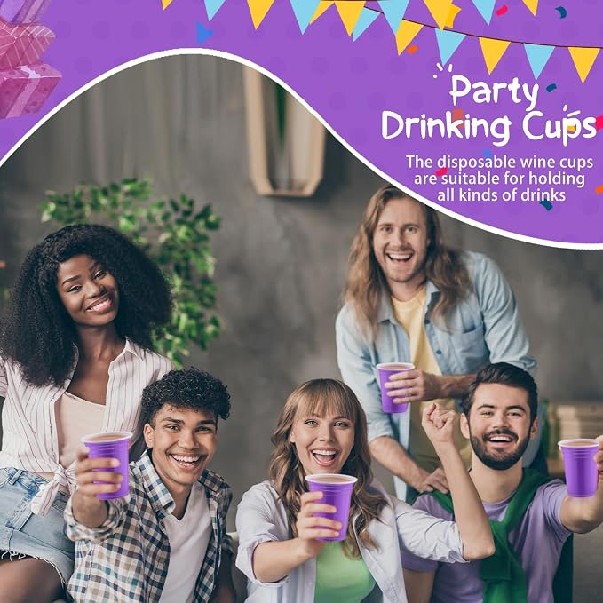 Sabary 100 Pack 12oz Plastic Cups Purple Graduation Heavy Duty Drinking Disposable Cups with Lines for Beverage Wedding Holiday Camping Barbecues Birthday Party Summer Outdoor Picnic