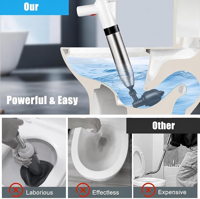 Fast Toilet Plunger High Pressure with Storage Bag, Heavy Duty Air Drain Blaster & Unclogger Tool, Clog Remover Kit & Toilet Snake Alternative for Bathroom, Toilets, Sinks, Tubs, Pipes (White)