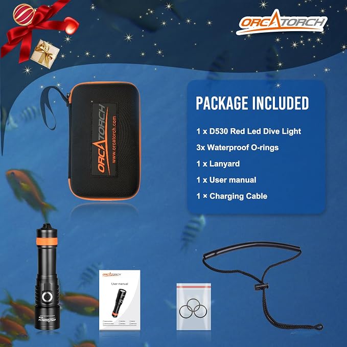 ORCATORCH D530 Scuba Dive Light 190 Lumens, Titanium Alloy Diving Flashlight with Waterproof IP68, Diving Flashlight 2 Lighting Modes for Underwater 150m Diving (Red Light