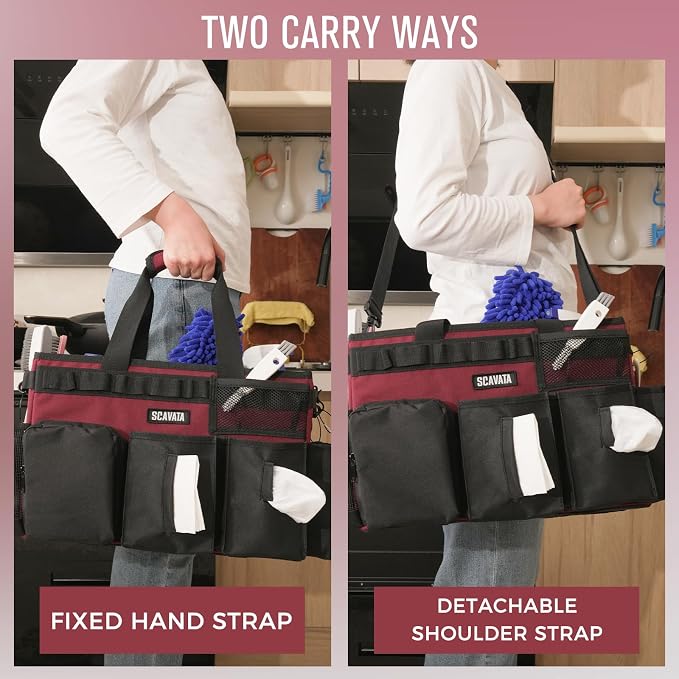 SCAVATA Wearable Cleaning Caddy Bag, Cleaning Caddy Supplies Organizer with Handle & Shoulder Straps for Housekeepers, Under Sink & Car Cleaning Tool Organizers with 4 Foldable Divider (Magenta)