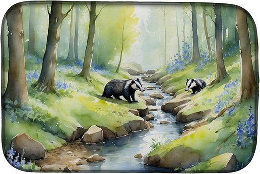 Caroline's Treasures Woodland Spring Badgers Dish Drying Mat Absorbent Dish Drying Mat Pad for Kitchen Counter Dish Drainer Mat for Countertop, 14 x 21", Multicolor