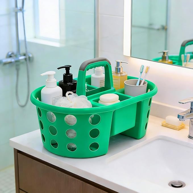 SIMPLYKLEEN Large Shower Caddy Portable 2PC - Made in USA Plastic Jumbo Size Dorm Storage Candy Tote with Handle Shower Organizer for Bathroom, Pantry, Kitchen, College Dorm, Green/Orange