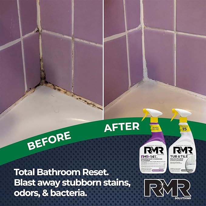 RMR Bathroom Brilliance Bundle – Tub & Tile Stain Spray + RMR-141 EPA Registered Mold & Mildew Remover, 2-Step Bathroom Cleaning & Disinfecting System for Showers, Sinks, Tile, Grout, 2–32 Oz Bottles
