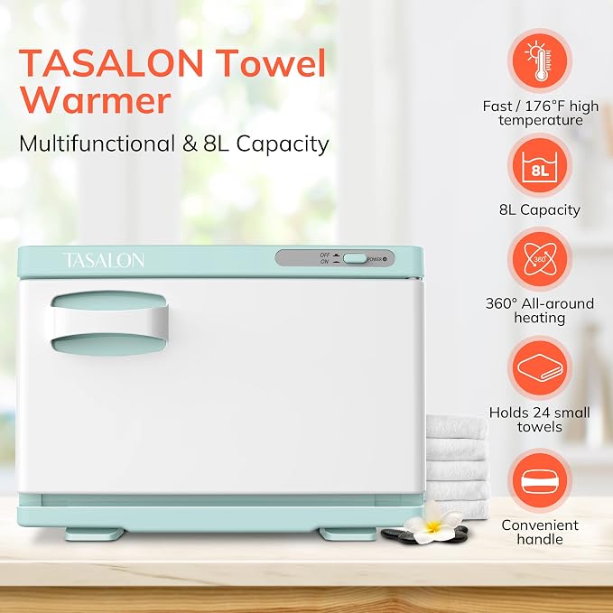 TASALON 8L Professional Hot Towel Warmer Cabinet, Use for Spa & Salon and Bathroom, Upgrade Fast Heating Aluminum Interior, Fits up to 24 Small Towels, White