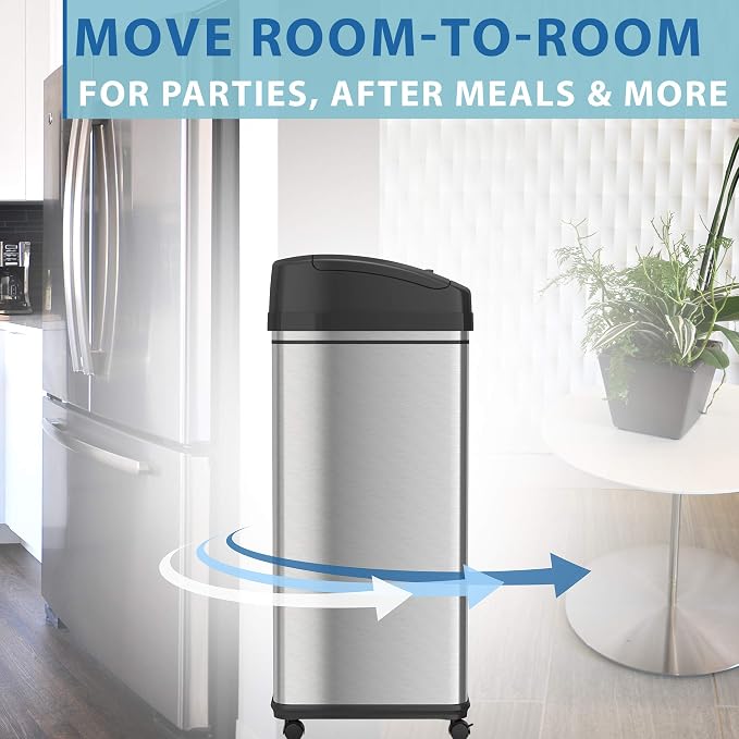 iTouchless Rolling 13 Gallon Sensor Trash Can with Wheels and Odor Control System & AC Power Adapter for Automatic Sensor Trash Cans, Official and Manufacturer Certified, UL Listed, Energy Saving