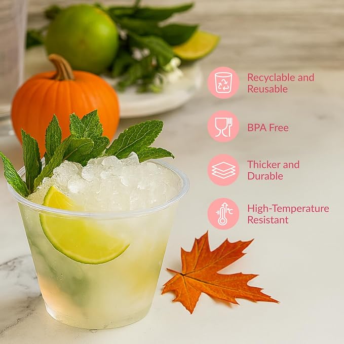 Prestee 50 Pack Plastic Cups - 9 oz Clear Disposable Cups for Cold Beverages, Cocktails, and Desserts - Durable Little Small Cup for Wine, Smoothies, Parties, Events, Catering, and Everyday Gatherings
