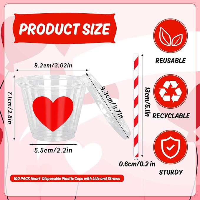 Whaline 100 Pcs 9 Oz Valentine's Day Disposable Plastic Cups with Lids and Straws Red Heart Cold Beverage Valentine Love Heart Drinking Cups Iced Coffee Juice Tea Cup for Wedding Whiskey Party Favors