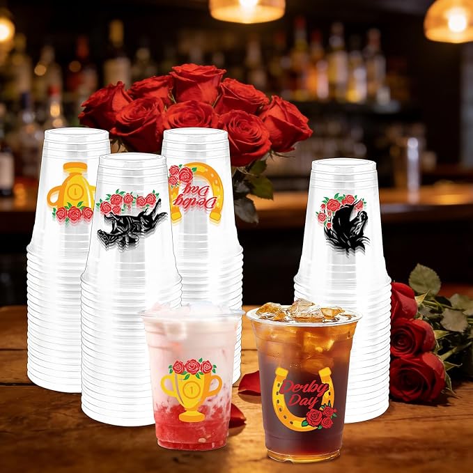 100Pcs Derby Horse Plastic Party Cups, 12oz Kentucky Race Disposable Clear Cups for Derby Party Decorations, Horse Racing Drinking Cup, Themed Birthday, Holiday Gatherings Favors