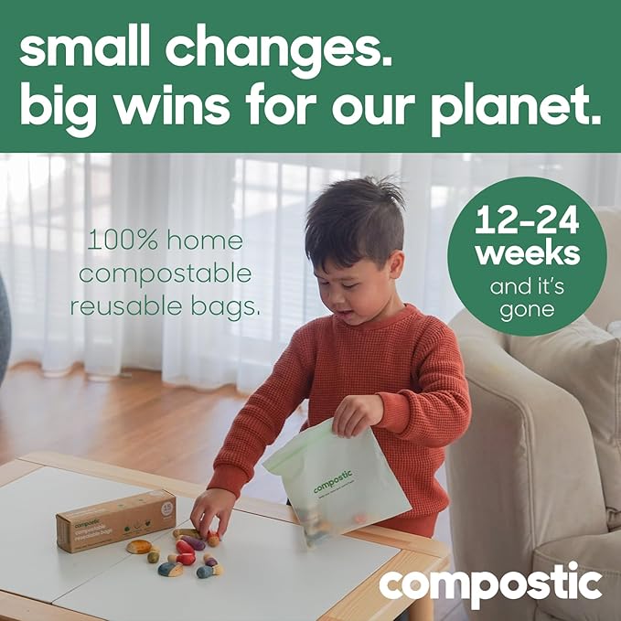 Compostic Compostable Snack Bags, Snack Size (60 Count) Starter Pack — Resealable Zip-Seal, Plant-Based, Home Compostable, Freezer Safe, BPA-Free, Non-Toxic, GMO-Free Food Storage Bags