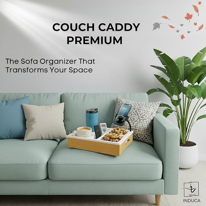 Couch Caddy with Cup Holder | Wood Couch Cup Holder Tray for Drinks, Snacks & Remotes | Couch Tray for Bed, Car Seat & Beach Organizer (White)