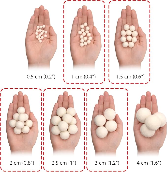 Glaciart One Wool Felt Balls, Felt Ball (50 Pieces) Mixed Sizes from 1 to 3 Centimeters, Handmade Felted Pure White Color - Bulk Small Puff for Felting and Garland