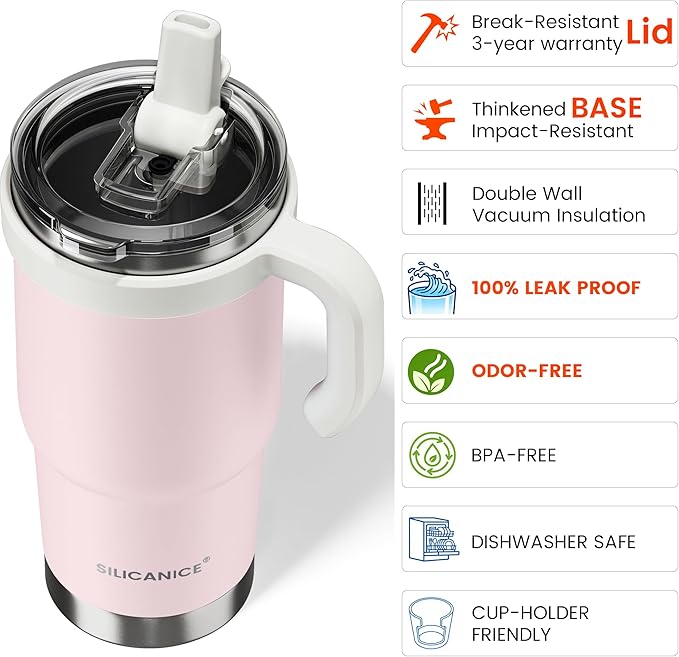 For Iced Coffee & Smoothies – Never Drink from a Moldy Lid Again: 24oz Hygienic Tumbler, 100% Leakproof Lid & Removable Foldable Spout. Reinforced Base, Fits Cup Holders-Pink sand