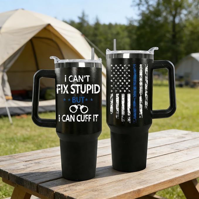 Ceovfoi 40 oz Tumbler with Handle lid and Straw, American Flag Blue Line Stainless Steel Dad Travel Tumbler Cup Mugs,Police Academy Graduation Gifts, Police Gifts for Men Dad