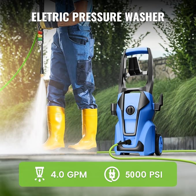Electric Pressure Washer 5000PSI Max 4.0GPM with 33FT Flexible Extension Hose, 4 Nozzles, Foam Cannon, Power Washer Powered for Cars, Patios, Driveways, Deep Green