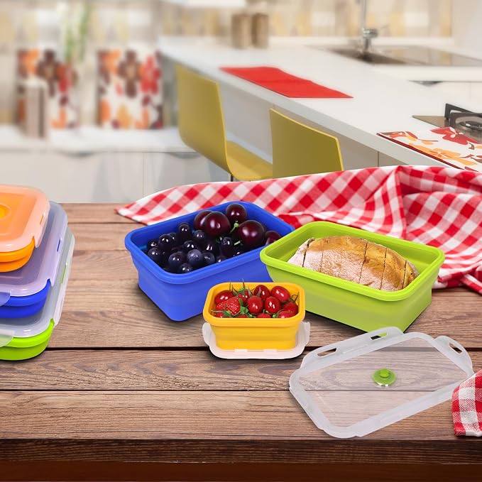 Collapsible Silicone Food Storage Containers With Lids, Set of 6 Foldable Storge Bowls, Bento Lunch Boxes for Kitchen, Camping, Rv, BPA Free