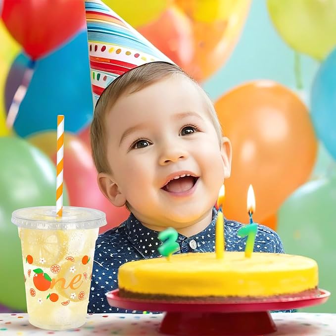 Whaline 50Pcs Little Cutie Disposable Plastic Cups with Lids and Straws 12Oz Cute Orange Citrus Cold Beverage Drinking Cups for First Birthday Baby Shower Party Supplies